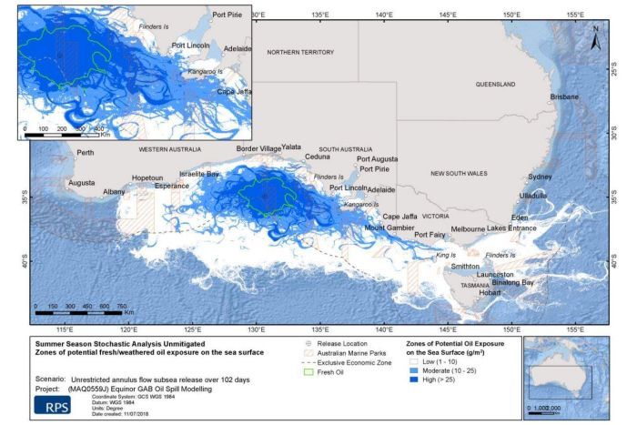 A map of southern Australia with blue plumes around the Great Australian Bight extending into Bass Strait.