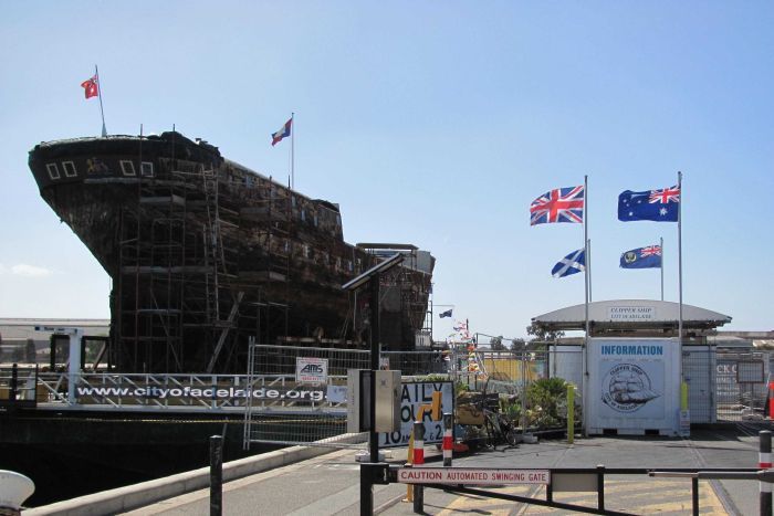 The City of Adelaide clipper ship in her new location closer to the Pt Adelaide lighthouse