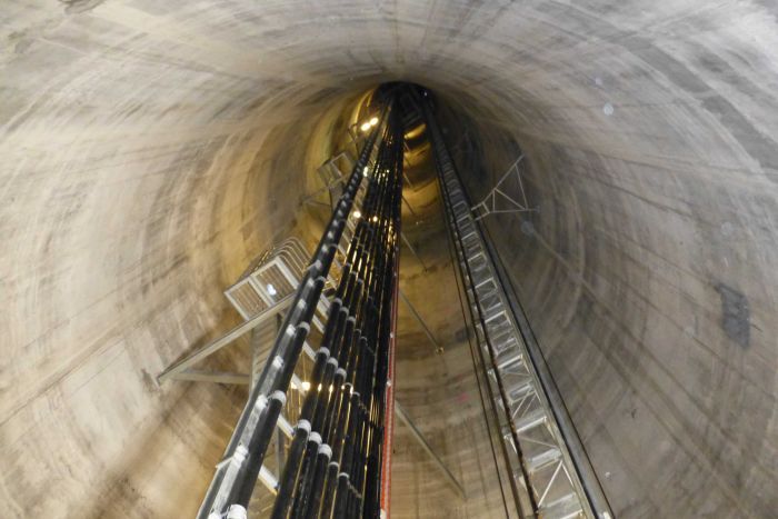 A looking-up view of the inside of the Mount Wellington transmission tower