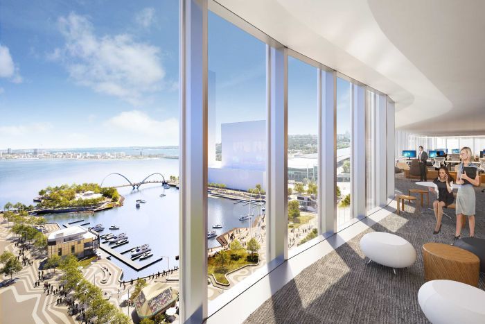 An artist's impression of looking out from a building to Elizabeth Quay.