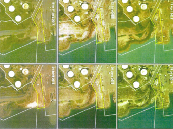 Satellite images of an altered shoreline due to alleged illegal dumping