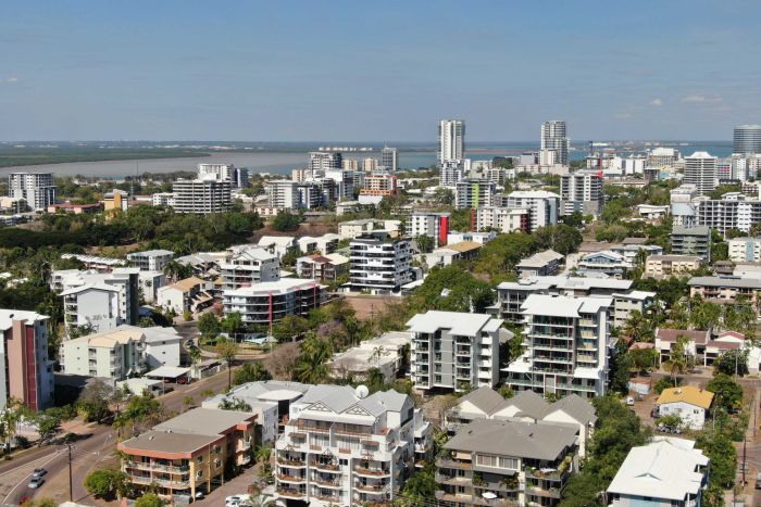 An aerial photo of buildings in Darwin's CBD.